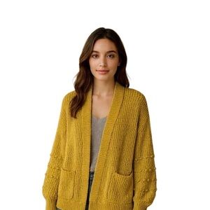 Women's Mustard Cardigan Bubble Sleeve Sweater